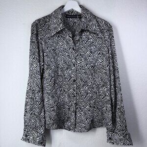 Dana Buchman Wavy Geometric Print Button Down Top Black White Size 12